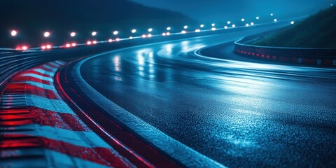 Futuristic Formula 1 racetrack at night, illuminated by bright floodlights casting cool blue glow. Track winds through sharp curves and elevation changes