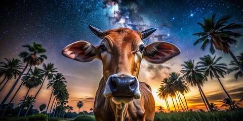Majestic Asian Cow Gazes Intensely at Camera, Palm Trees Silhouetted Against Night Sky