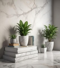 Fototapeta premium Modern interior elements - potted plants and books on marble, leisure time, decorative greens, cultured setup, literary works