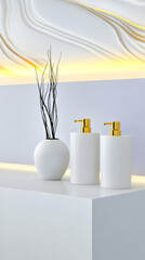 White soap dispensers and diffuser on shelf, modern bathroom interior, illuminated wall