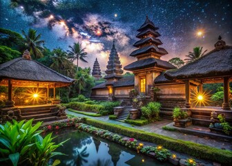 Fototapeta premium Majestic Balinese Temple at Night: Starry Sky, Ancient Architecture