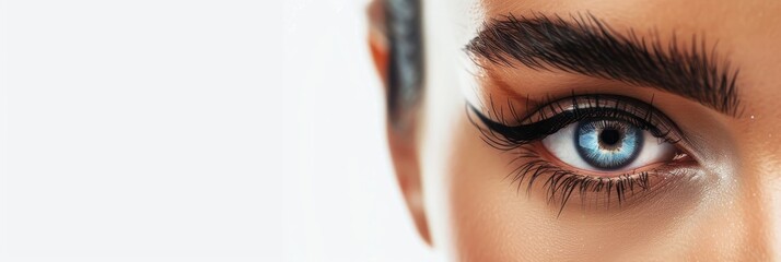 Close-up view of a striking blue eye showcasing detailed eyelashes and defined eyebrows in a natural light setting. Copy space on a light gray background