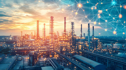 Fototapeta premium Industrial skyline at sunset with glowing lights and digital connections