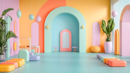 Stunning 3D rendering of pastel colored dumbbells set against a backdrop of stylish art inspired workout equipment in a trendy boutique gym creating a vibrant and visually captivating fitness scene