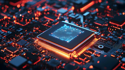 Close-up of a glowing microprocessor on a circuit board with intricate details (1)