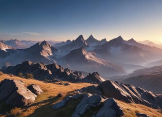 Naklejka premium Mountain range at sunrise with a clear blue sky, natural beauty, golden hour, clouds