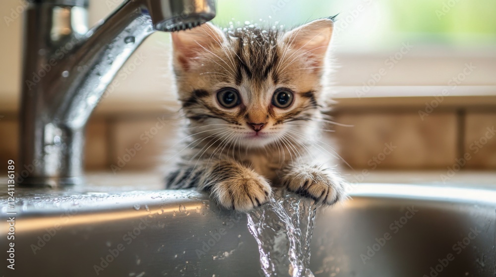 Poster a cute, drenched kitten sitting in a sink with a gentle stream of water flowing, its tiny paws resti