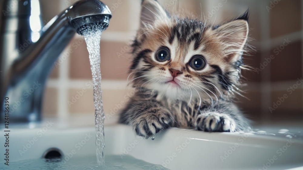 Poster a cute, drenched kitten sitting in a sink with a gentle stream of water flowing, its tiny paws resti
