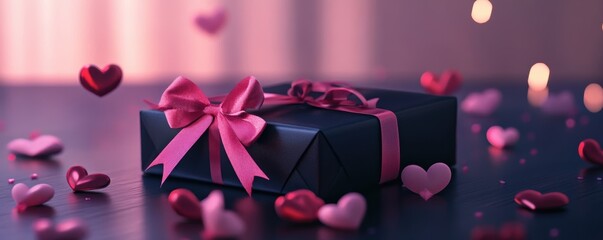 Romantic gift wrapped in black with pink bow, surrounded by hearts for Valentine's Day