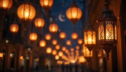 Glowing Lanterns Illuminate Festive Night Street