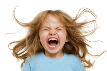 Isolated Girl with Flying Hair Screaming Loudly