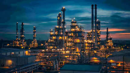 Nighttime view of a bustling industrial complex with glowing lights and smokestacks