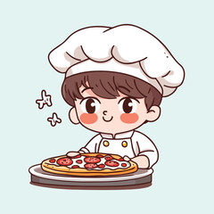 A cute little boy hold pizzawear chef uniform vector illustration