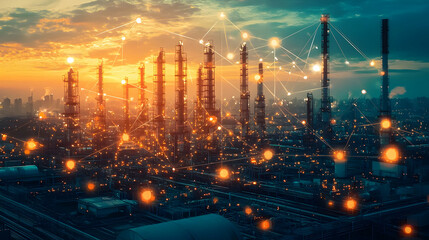 Fototapeta premium Industrial skyline at sunset with connected technology and vibrant lights