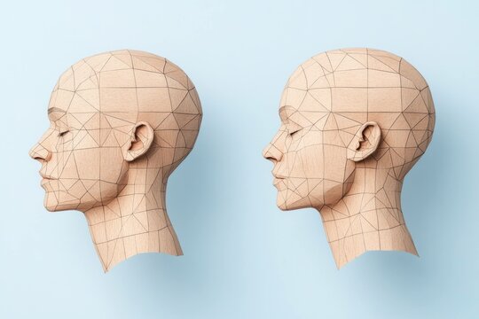 Stylized D wireframe models of a human head showcasing creativity and innovation in design, perfect for art and technology themes