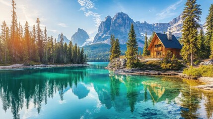 Fototapeta premium Serene Mountain Landscape with Cabin Reflection in Crystal Clear Lake