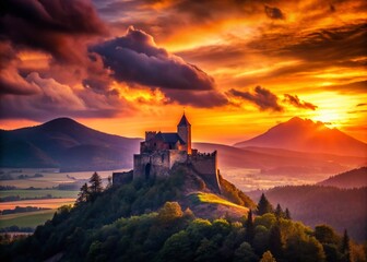 Obraz premium Majestic Nachod Castle Silhouette at Sunset - Dramatic Bohemian Landscape