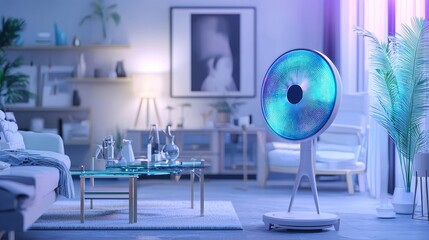 A high-tech fan with a holographic display cooling an elegant living room with modern art, glass furniture, and soft natural lighting, neon futuristic design