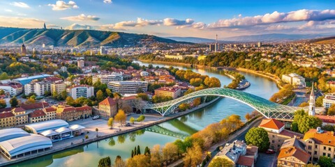 Obraz premium Aerial view of downtown Tbilisi with the Peace Bridge over the Mtkvari River, cityscape, urban landscape