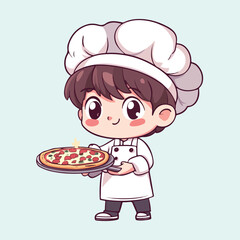 A cute little boy hold pizzawear chef uniform vector illustration