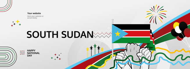 Happy independence day South Sudan. Long poster national day South Sudan in flag colors. Holiday banner illustration for July 9th celebration invitation party, greeting card and sale