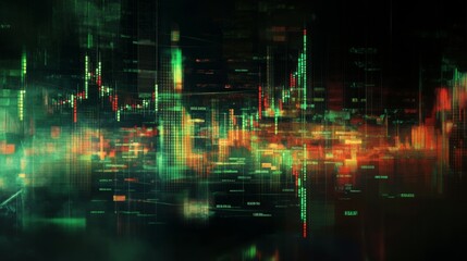 Obraz premium A financial chart displaying stock market trends on a computer screen, with green and red candlesticks, highlighting a bullish market surge.
