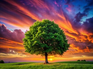 Fototapeta premium Majestic Green Tree Silhouette Against Vibrant Sky - Nature Photography