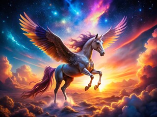 Fototapeta premium Majestic Pegasus Double Exposure: Mythical Horse and Celestial Sky
