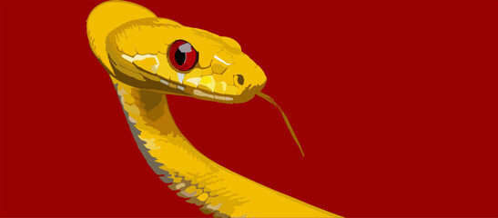 illustration of a golden abstract snake and fiery red eyes
