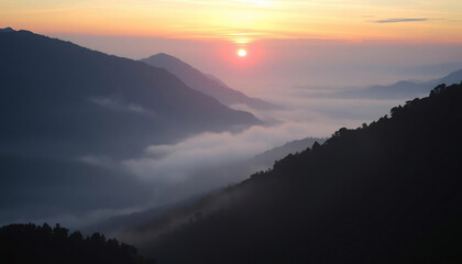 Fototapeta premium Sunrise Over a Misty Mountain Valley