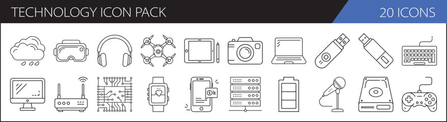 Technology Icon Set Collection - A collection of 20 line icons representing various technology devices, including gadgets, accessories, and tech tools.

