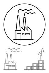 Factory emitting smoke, bar graphs with upward arrows representing progress. Ideal for industry growth, manufacturing output, environmental impact, energy production, industrial economics, production