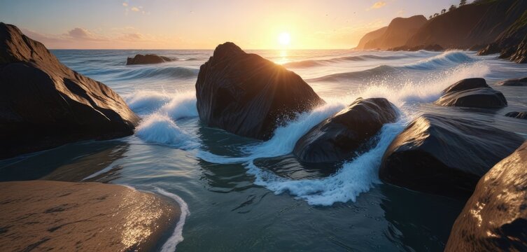 Ocean waves gently lapping against the shore at sunrise with a blue water drop falling from a nearby rock, rocky shoreline, horizon