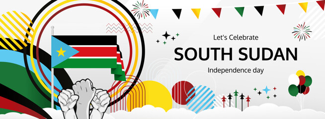 South Sudan Independence Day modern long banner. 9th July Happy National Day. Holiday joyful party concept in flag colors. Nice for event, festival, feast, support, greeting and marketing tourism