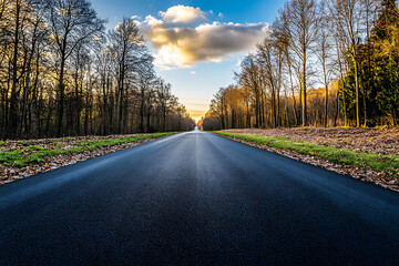 Fototapeta premium Long Deserted Road at Sunset – Scenic Evening Sky Background