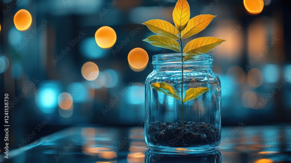 Wall mural A vibrant green plant sprouting from soil in a glass jar, illuminated by soft bokeh lights