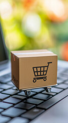 E-commerce concept with shopping cart icon on a package, created with generative AI technology  
