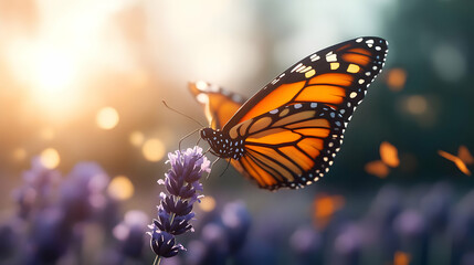 Fototapeta premium A vibrant butterfly perched on a lavender flower, illuminated by soft sunlight, showcasing nature's beauty.