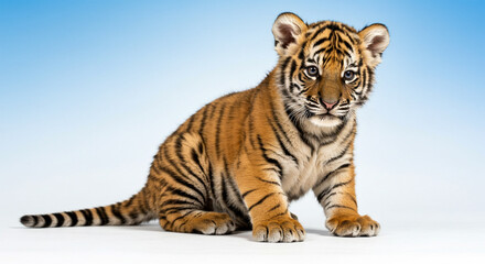 Obraz premium A baby tiger cub sitting playfully, its big round eyes full of curiosity