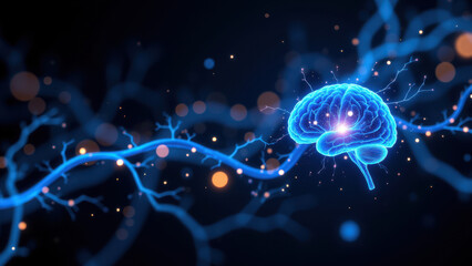 Obraz premium Image depicts a human brain with glowing neurons and synapses, illustrating VNS (vagus nerve stimulation).