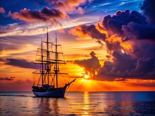 Obraz premium Majestic Silhouette of a Ship at Sunset - Ocean Vessel at Sea