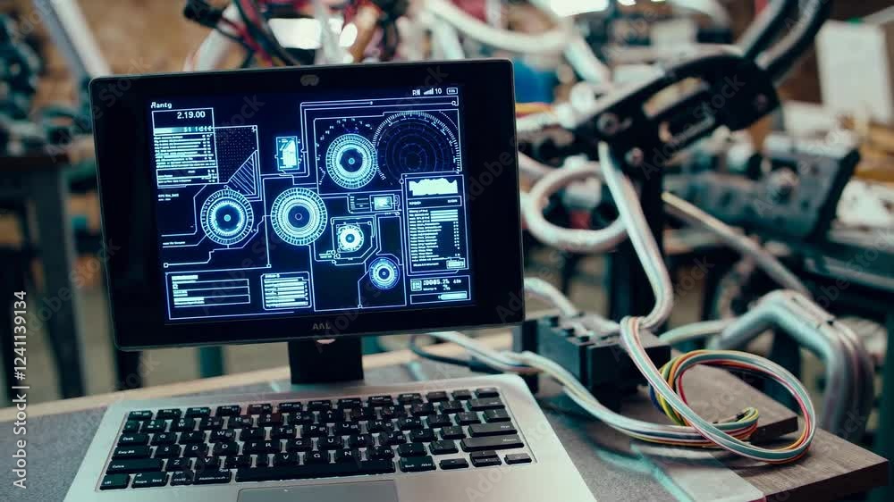 Poster exploring a modern robotics workshop filled with advanced technology and innovative projects