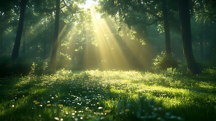 Obraz premium Sunbeams illuminate a misty forest meadow at dawn, nature background