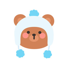 Korean Style Bear Head Cartoon with White and Blue Pom-Pom Hat