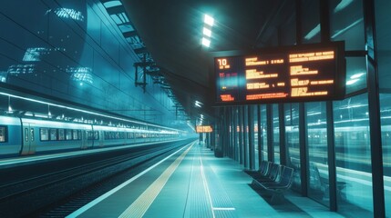 A high-speed train platform with digital departure boards displaying arrival and departure times, capturing the efficiency of modern railway systems.
