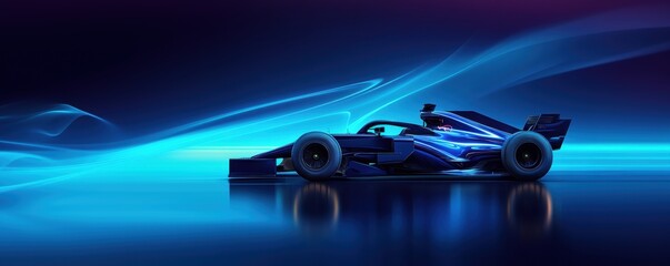 Obraz premium Dark Formula 1 race car against vibrant blue backdrop with flowing light trails. High-speed technology