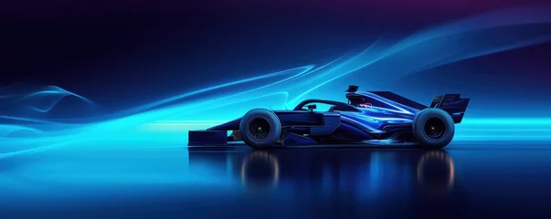 Naadloos Fotobehang Airtex Dark Formula 1 race car against vibrant blue backdrop with flowing light trails. High-speed technology © master1305