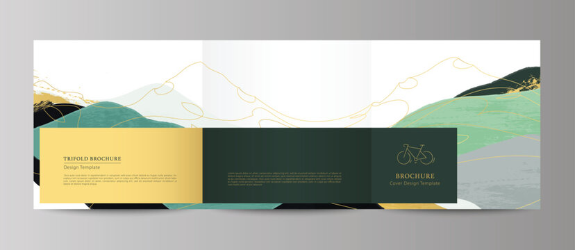 Tri-fold brochure with abstract golden line mountains, bicycle icon, and space for text. Elegant minimal design with hand-drawn textures, ideal for luxury events, outdoor themes, branding, invitations
