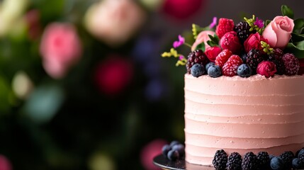 A luxurious chocolate cake with intricate pink frosting details and vibrant berries, styled as a centerpiece for a celebration, photographed in a minimalistic setup, high contrast