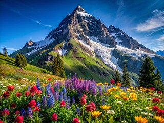 Majestic Mountain Peak Wildflowers Blooming Alpine Meadow High Resolution Stock Photo